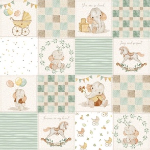 4 1/2" Gender Neutral Baby Quilt – Neutral Baby Nursery, Baby Elephants, Baby Animals, Newborn Blanket, Cream Green pattern C