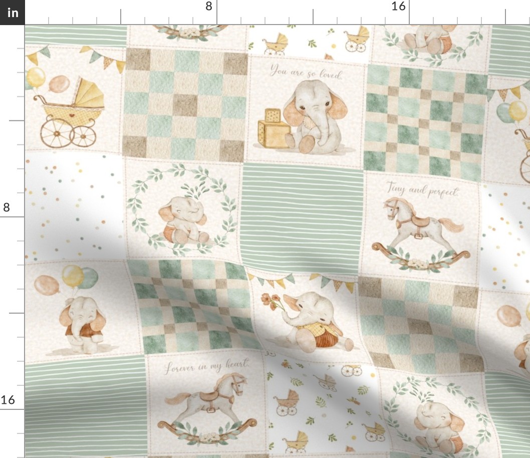 4 1/2" Gender Neutral Baby Quilt – Neutral Baby Nursery, Baby Elephants, Baby Animals, Newborn Blanket, Cream Green pattern C