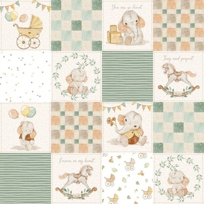 4 1/2" Sweet Neutral Baby Quilt – Gender Neutral Nursery, Baby Elephants, Soft Colors, Newborn Blanket, Cream Orange Green pattern B