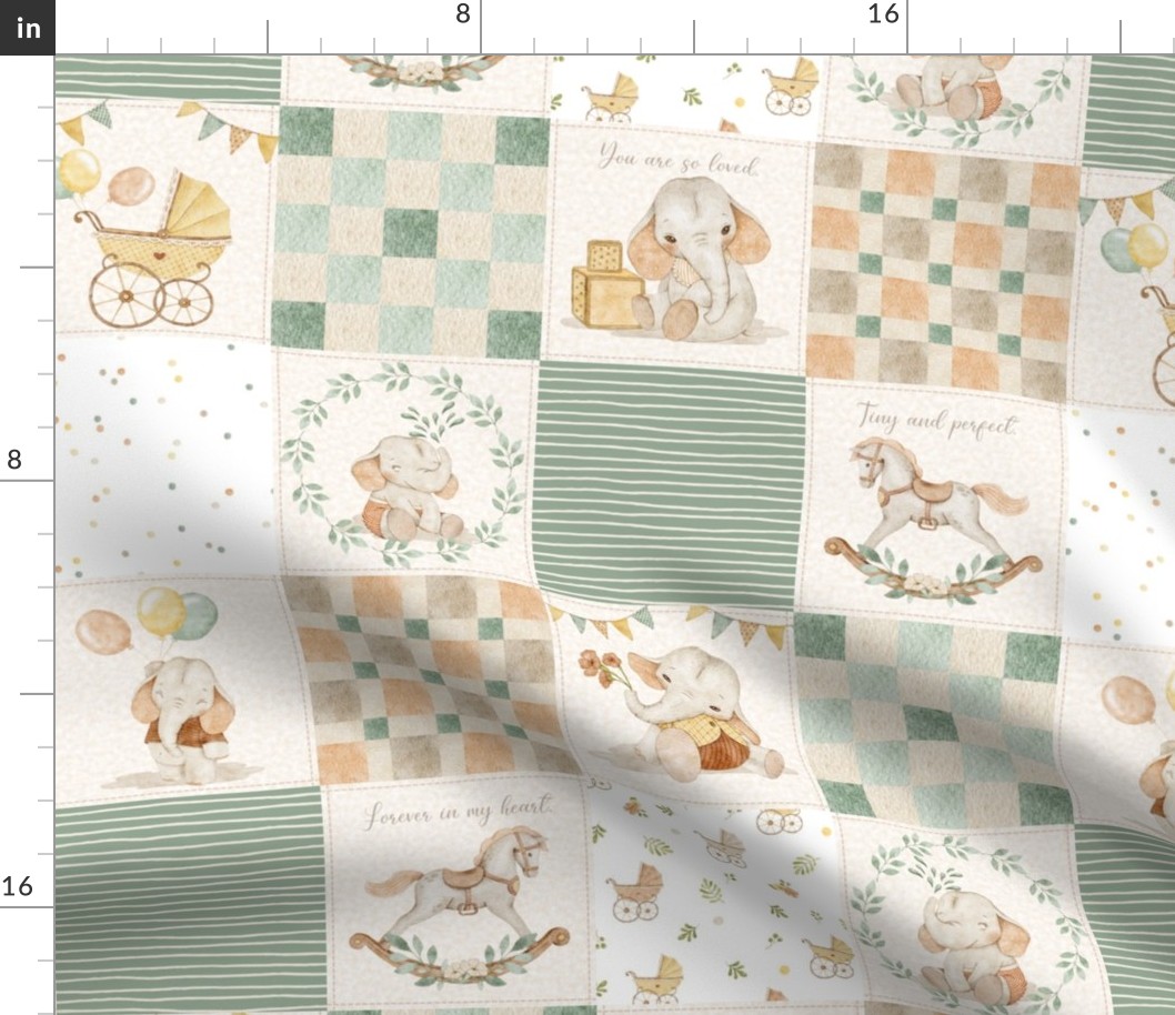 4 1/2" Sweet Neutral Baby Quilt – Gender Neutral Nursery, Baby Elephants, Soft Colors, Newborn Blanket, Cream Orange Green pattern B