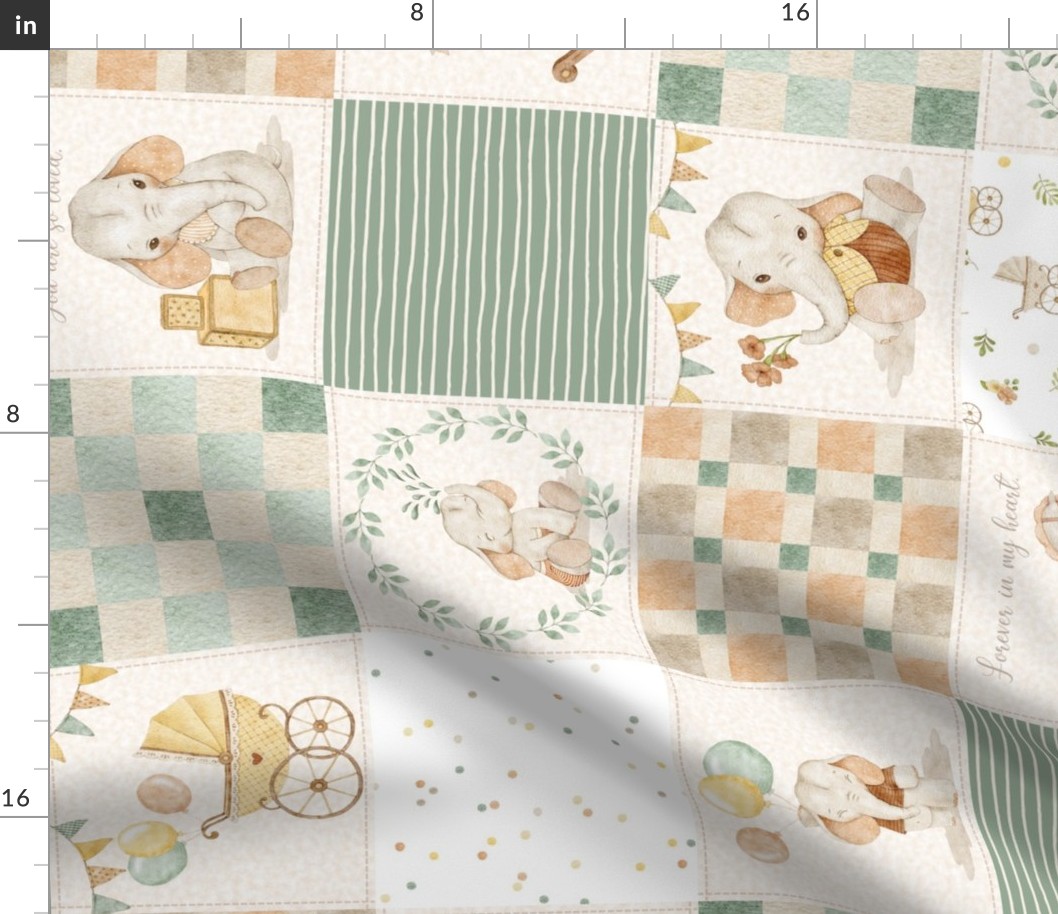 Sweet Neutral Baby Quilt – Gender Neutral Nursery, Baby Elephants, Soft Colors, Newborn Blanket, Cream Orange Green pattern B ROTATED