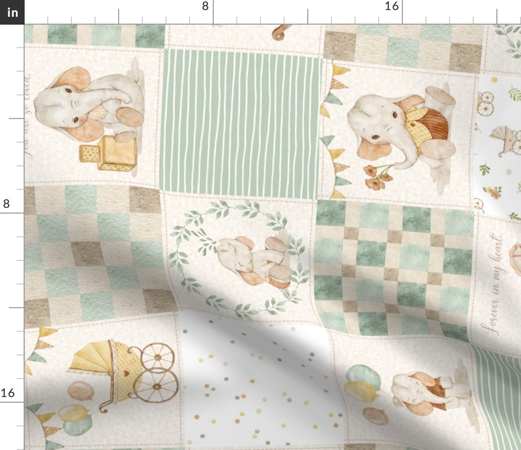 Gender Neutral Baby Quilt – Neutral Baby Nursery, Baby Elephants, Baby Animals, Newborn Blanket, Cream Green pattern C ROTATED