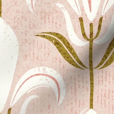 Mod fleur-de-lis // large jumbo scale // blush background natural white lily flowers sunburst yellow leaves with grunge faux textured fresco look Italian Villa wallpaper 