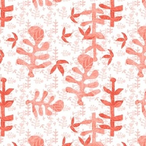 Scattered tossed cut out leaves, mono printed in pale coral and salmon hues  summer 6” repeat