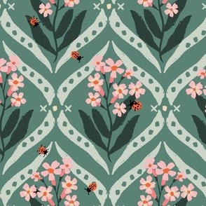 Garden Ladybug Promenade Pink Flowers on Lush Green