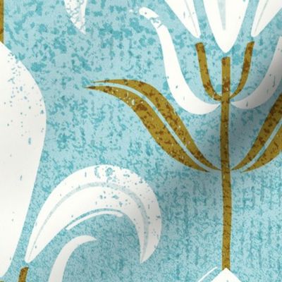 Large jumbo scale // Mod fleur-de-lis // ocean blue background natural white lily flowers sunburst yellow leaves with grunge faux textured fresco look Italian Villa wallpaper 
