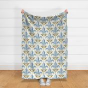 Large jumbo scale // Mod fleur-de-lis // natural white background polo blue lily flowers sunburst yellow leaves with grunge faux textured fresco look Italian Villa wallpaper 