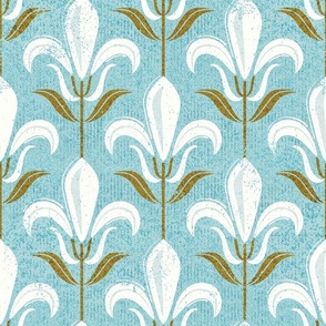 Normal scale // Mod fleur-de-lis // ocean blue background natural white lily flowers sunburst yellow leaves with grunge faux textured fresco look
