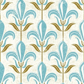 Normal scale // Mod fleur-de-lis // natural white background ocean blue lily flowers sunburst yellow leaves with grunge faux textured fresco look