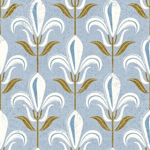 Normal scale // Mod fleur-de-lis // pastel blue background natural white lily flowers sunburst yellow leaves with grunge faux textured fresco look