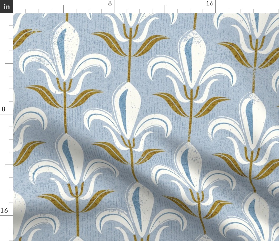 Normal scale // Mod fleur-de-lis // pastel blue background natural white lily flowers sunburst yellow leaves with grunge faux textured fresco look
