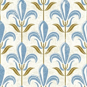 Normal scale // Mod fleur de lis // natural white background polo blue lily flowers sunburst yellow leaves with grunge faux textured fresco look