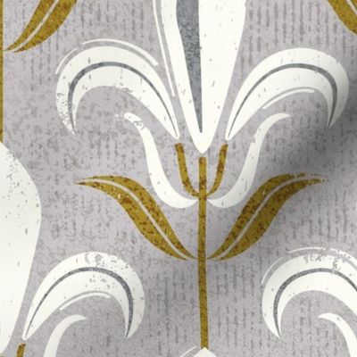 Normal scale // Mod fleur-de-lis // alto grey background natural white lily flowers sunburst yellow leaves with grunge faux textured fresco look