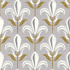 Normal scale // Mod fleur-de-lis // alto grey background natural white lily flowers sunburst yellow leaves with grunge faux textured fresco look