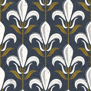 Normal scale // Mod fleur-de-lis // hale navy background natural white lily flowers sunburst yellow leaves with grunge faux textured fresco look