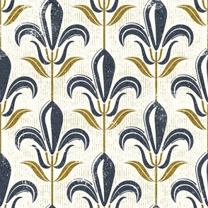 Normal scale // Mod fleur-de-lis // natural white background hale navy lily flowers sunburst yellow leaves with grunge faux textured fresco look