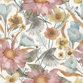 Quiet Countryside||JUMBO||24x24||Watercolor style whimsical florals in pink, green, mint, soft brown, and yellow with charming gray birds