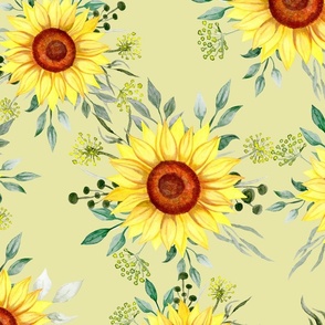 Sunflowers on a yellow background 2, watercolour illustration. Seamless floral pattern-235.