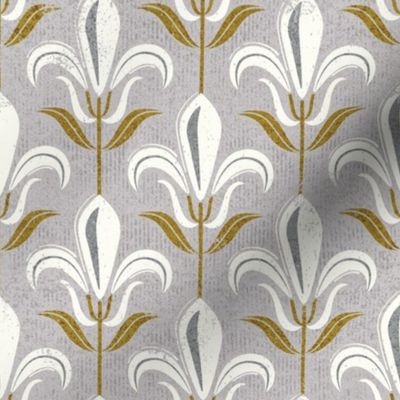 Small scale // Mod fleur-de-lis // alto grey background natural white lily flowers sunburst yellow leaves with grunge faux textured fresco look