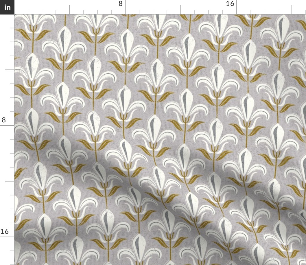 Small scale // Mod fleur-de-lis // alto grey background natural white lily flowers sunburst yellow leaves with grunge faux textured fresco look