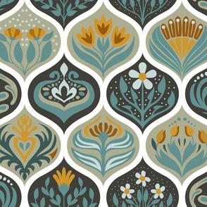 Scandinavian Ogee Tiles in Turquoise, Sage, and Saffron on White