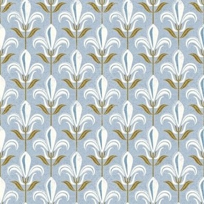 Tiny scale // Mod fleur-de-lis // pastel blue background natural white lily flowers sunburst yellow leaves with grunge faux textured fresco look