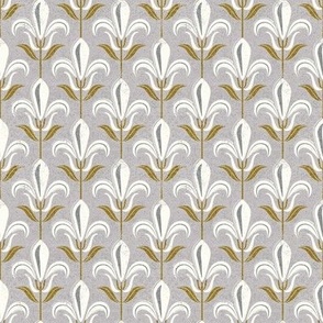 Tiny scale // Mod fleur-de-lis // alto grey background natural white lily flowers sunburst yellow leaves with grunge faux textured fresco look