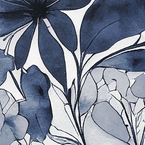 Abstract Watercolor Flower Pattern Navy Blue