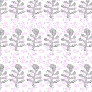 Cut out monoprinted patterned tossed leaves and striped leaves in pale silver grey and pale pink  hues  colours 6” repeat 