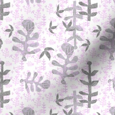 Scattered tossed cut out leaves, mono printed in pale pink and silver grey  hues  summer 6” repeat