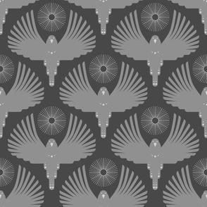 Art Deco Flying Away // large // Art Deco, bird, sun, light grey on dark grey