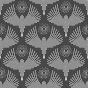 Art Deco Flying Away // medium // Art Deco, bird, sun, light grey on dark grey