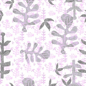 Scattered tossed cut out leaves, mono printed in pale pink and silver grey  hues  summer 12”  repeat