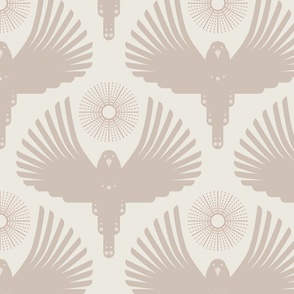 Art Deco Flying Away // large // Art Deco, bird, sun, dark taupe on light taupe