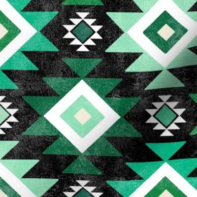 Medium Scale Aztec Geometric in Shades of Green on Black