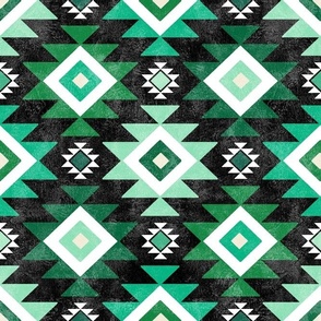 Medium Scale Aztec Geometric in Shades of Green on Black