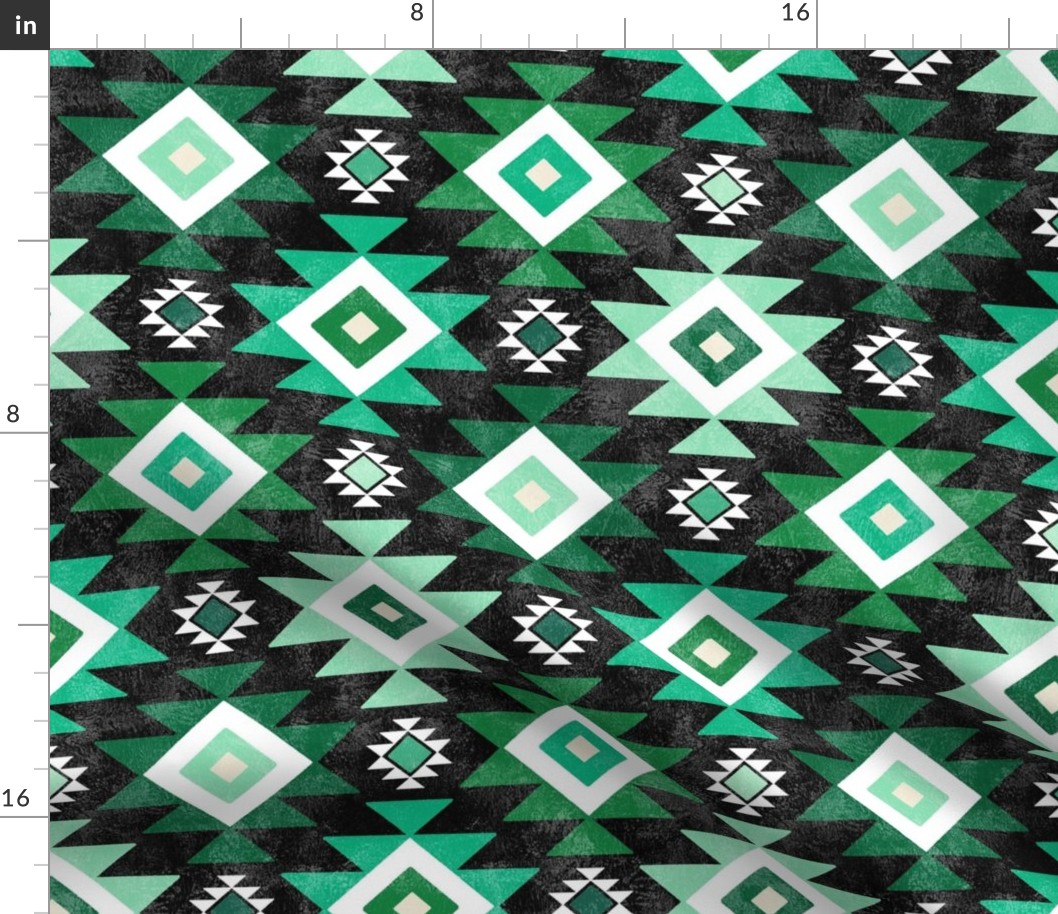Medium Scale Aztec Geometric in Shades of Green on Black