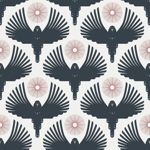 Art Deco Flying Away // small // Art Deco, bird, sun, dark grey on cream