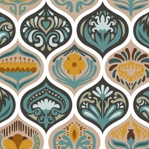 Scandinavian Ogee Tiles in Turquoise, Linen, and Saffron on White
