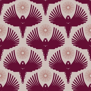 Art Deco Flying Away // large // Art Deco, bird, sun, burgundy on taupe