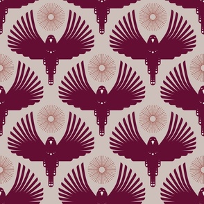 Art Deco Flying Away // medium // Art Deco, bird, sun, burgundy on taupe