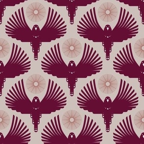 Art Deco Flying Away // small // Art Deco, bird, sun, burgundy on taupe