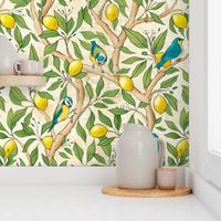 Italian villa wallpaper with lemon tree branches and blue little birds