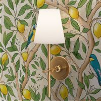 Italian villa wallpaper with lemon tree branches and blue little birds