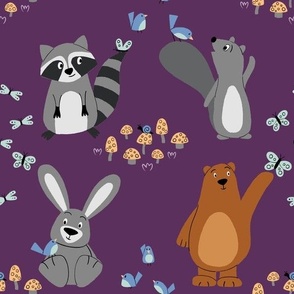 cute forest animals - bear, bunny, raccoon, squirrel - dark purple - shw1012 c