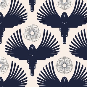 Art Deco Flying Away // large // Art Deco, bird, sun, navy blue on cream