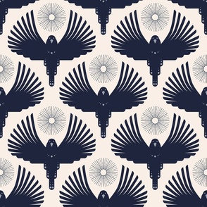 Art Deco Flying Away // medium // Art Deco, bird, sun, navy blue on cream