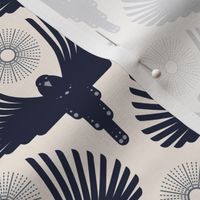 Art Deco Flying Away // small // Art Deco, bird, sun, navy blue on cream