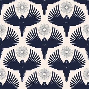 Art Deco Flying Away // small // Art Deco, bird, sun, navy blue on cream