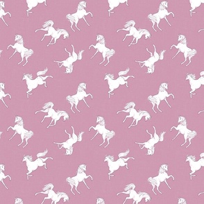 prance- white and pink  horses on smokey lavender white pink